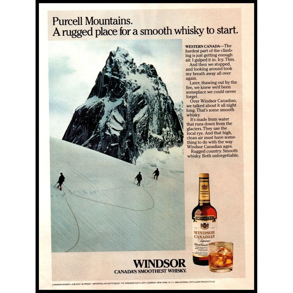1986 Windsor Canadian Whisky Vintage Print Ad Purcell Mountain Climbing Wall Art